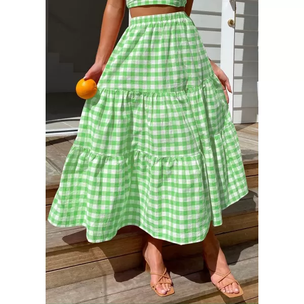 imageZESICA Womens 2024 Summer Plaid Flower Print Elastic High Waist Flowy A Line Maxi Skirt with PocketsGreen