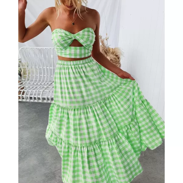 imageZESICA Womens 2024 Summer Plaid Flower Print Elastic High Waist Flowy A Line Maxi Skirt with PocketsGreen