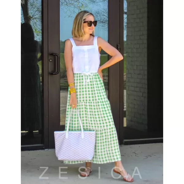 imageZESICA Womens 2024 Summer Plaid Flower Print Elastic High Waist Flowy A Line Maxi Skirt with PocketsGreen