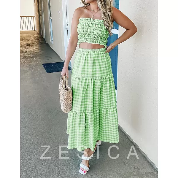 imageZESICA Womens 2024 Summer Plaid Flower Print Elastic High Waist Flowy A Line Maxi Skirt with PocketsGreen