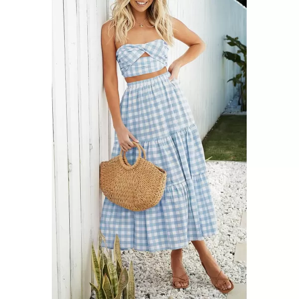 imageZESICA Womens 2024 Summer Plaid Flower Print Elastic High Waist Flowy A Line Maxi Skirt with PocketsLightblue