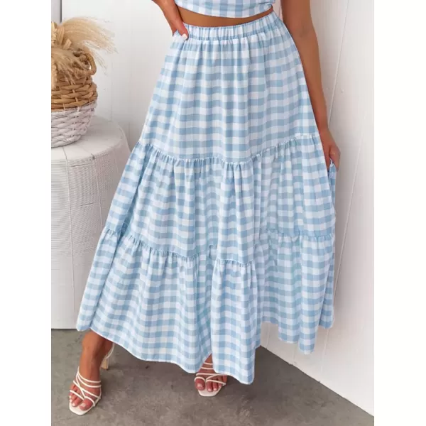 imageZESICA Womens 2024 Summer Plaid Flower Print Elastic High Waist Flowy A Line Maxi Skirt with PocketsLightblue