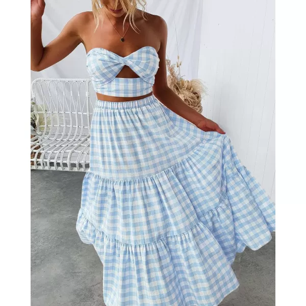 imageZESICA Womens 2024 Summer Plaid Flower Print Elastic High Waist Flowy A Line Maxi Skirt with PocketsLightblue