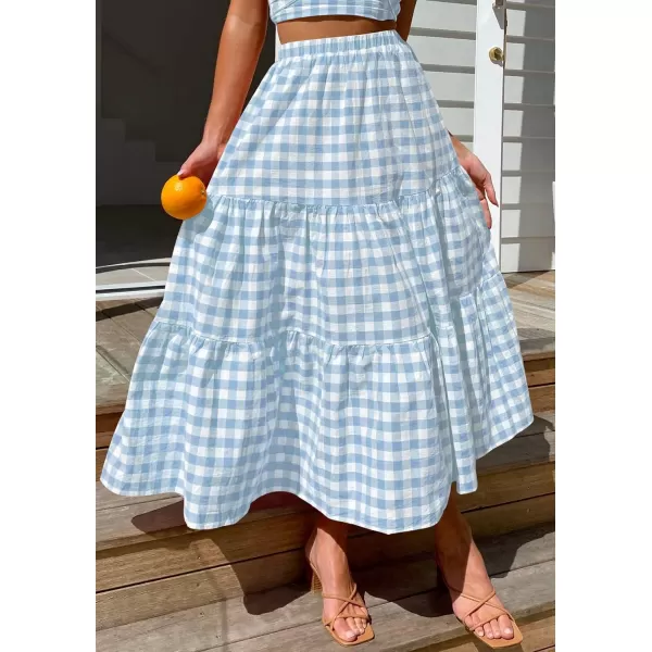 imageZESICA Womens 2024 Summer Plaid Flower Print Elastic High Waist Flowy A Line Maxi Skirt with PocketsLightblue