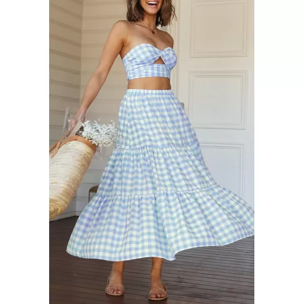 imageZESICA Womens 2024 Summer Plaid Flower Print Elastic High Waist Flowy A Line Maxi Skirt with PocketsLightblue