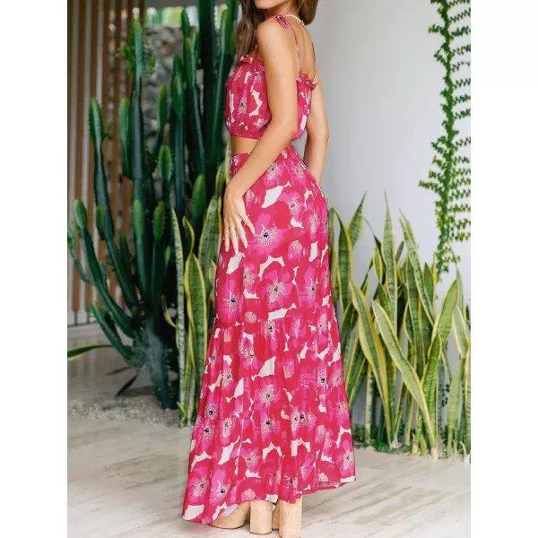 imageZESICA Womens 2024 Summer Plaid Flower Print Elastic High Waist Flowy A Line Maxi Skirt with PocketsMagenta