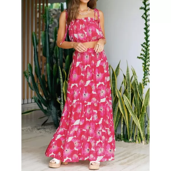 imageZESICA Womens 2024 Summer Plaid Flower Print Elastic High Waist Flowy A Line Maxi Skirt with PocketsMagenta