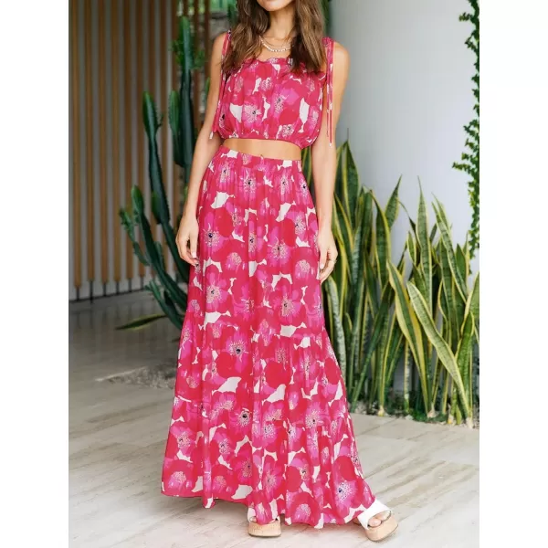 imageZESICA Womens 2024 Summer Plaid Flower Print Elastic High Waist Flowy A Line Maxi Skirt with PocketsMagenta
