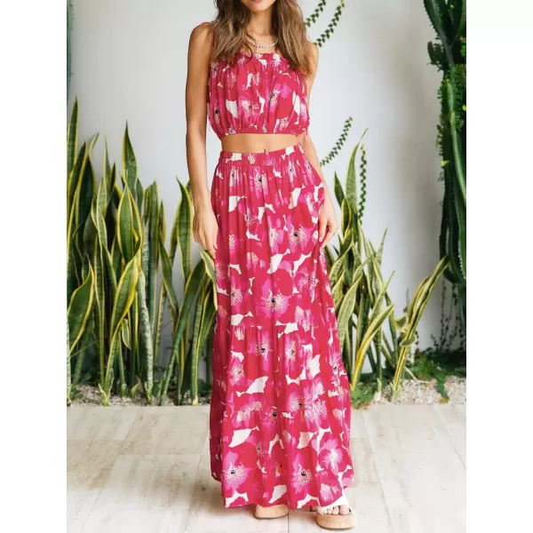 imageZESICA Womens 2024 Summer Plaid Flower Print Elastic High Waist Flowy A Line Maxi Skirt with PocketsMagenta