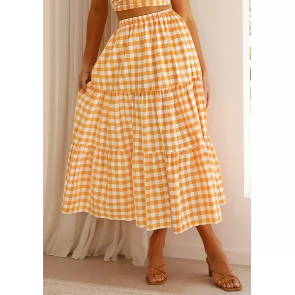 imageZESICA Womens 2024 Summer Plaid Flower Print Elastic High Waist Flowy A Line Maxi Skirt with PocketsOrange