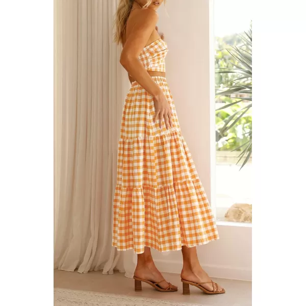 imageZESICA Womens 2024 Summer Plaid Flower Print Elastic High Waist Flowy A Line Maxi Skirt with PocketsOrange
