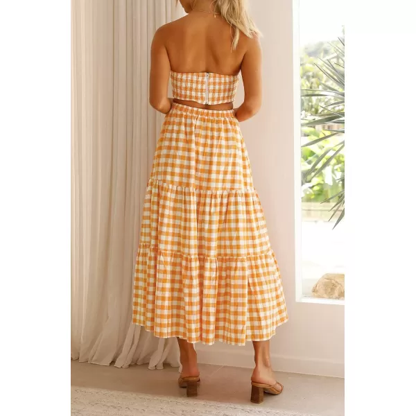 imageZESICA Womens 2024 Summer Plaid Flower Print Elastic High Waist Flowy A Line Maxi Skirt with PocketsOrange