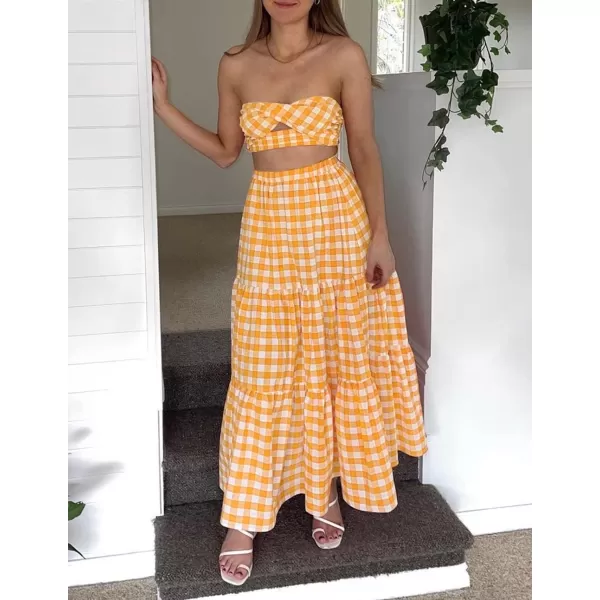 imageZESICA Womens 2024 Summer Plaid Flower Print Elastic High Waist Flowy A Line Maxi Skirt with PocketsOrange