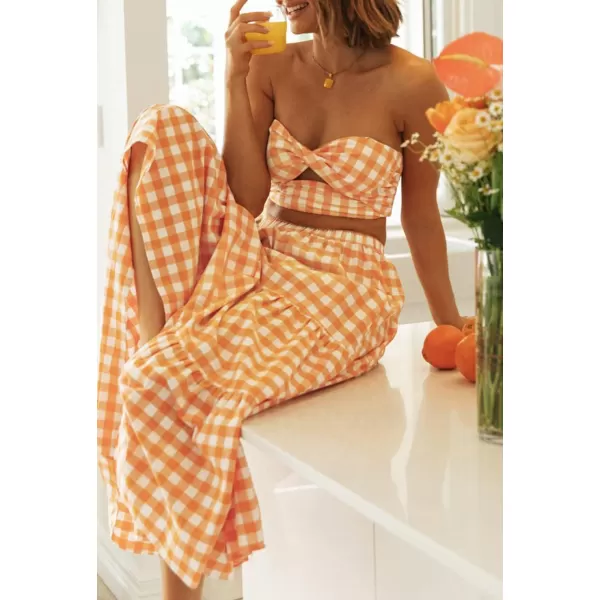 imageZESICA Womens 2024 Summer Plaid Flower Print Elastic High Waist Flowy A Line Maxi Skirt with PocketsOrange