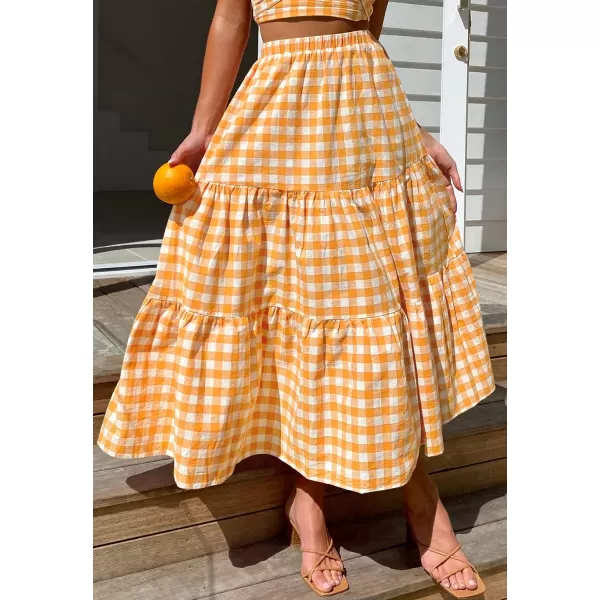 imageZESICA Womens 2024 Summer Plaid Flower Print Elastic High Waist Flowy A Line Maxi Skirt with PocketsOrange