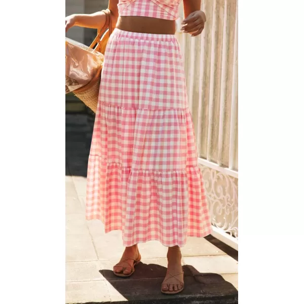 imageZESICA Womens 2024 Summer Plaid Flower Print Elastic High Waist Flowy A Line Maxi Skirt with PocketsPink