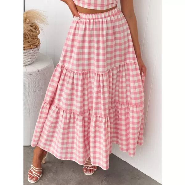 imageZESICA Womens 2024 Summer Plaid Flower Print Elastic High Waist Flowy A Line Maxi Skirt with PocketsPink