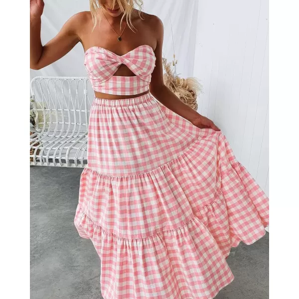 imageZESICA Womens 2024 Summer Plaid Flower Print Elastic High Waist Flowy A Line Maxi Skirt with PocketsPink