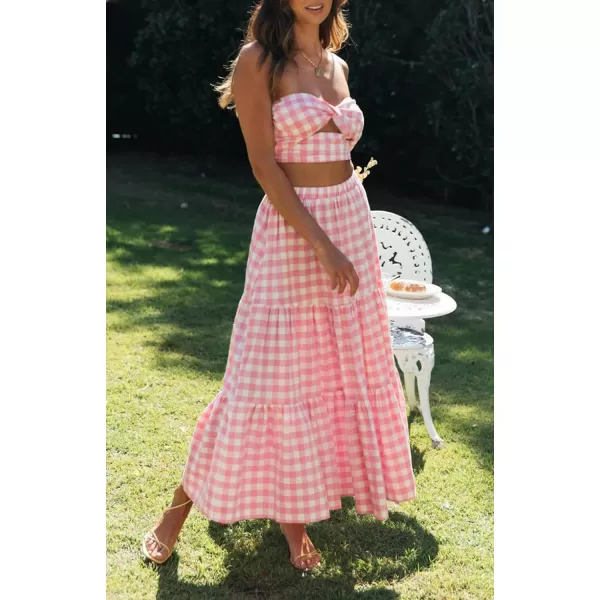 imageZESICA Womens 2024 Summer Plaid Flower Print Elastic High Waist Flowy A Line Maxi Skirt with PocketsPink