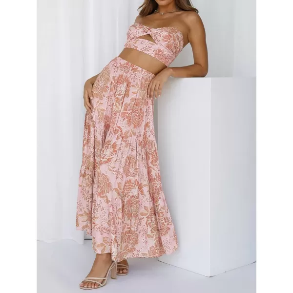 imageZESICA Womens 2024 Summer Plaid Flower Print Elastic High Waist Flowy A Line Maxi Skirt with PocketsPinkbrown