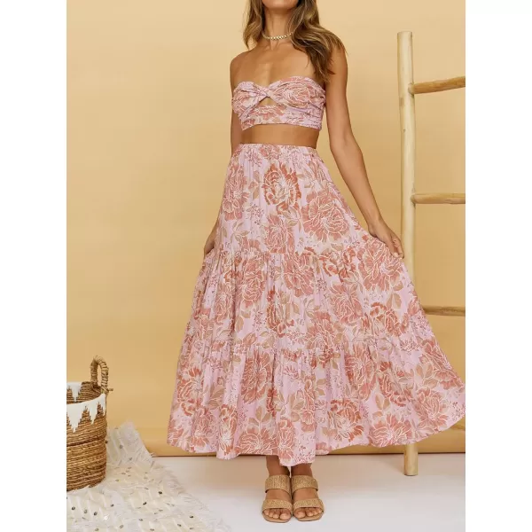 imageZESICA Womens 2024 Summer Plaid Flower Print Elastic High Waist Flowy A Line Maxi Skirt with PocketsPinkbrown