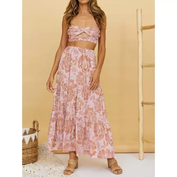 imageZESICA Womens 2024 Summer Plaid Flower Print Elastic High Waist Flowy A Line Maxi Skirt with PocketsPinkbrown