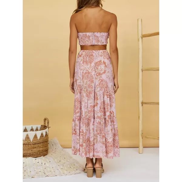 imageZESICA Womens 2024 Summer Plaid Flower Print Elastic High Waist Flowy A Line Maxi Skirt with PocketsPinkbrown
