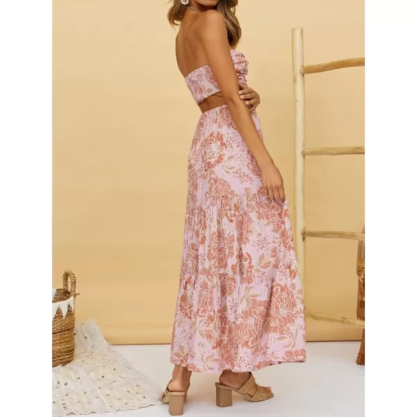 imageZESICA Womens 2024 Summer Plaid Flower Print Elastic High Waist Flowy A Line Maxi Skirt with PocketsPinkbrown
