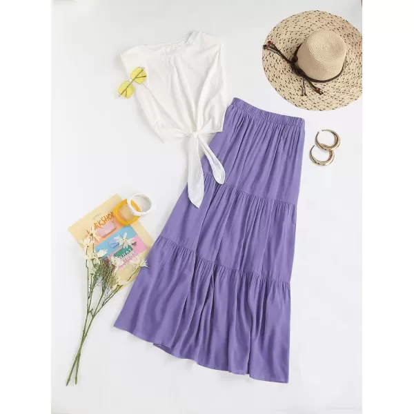 imageZESICA Womens 2024 Summer Plaid Flower Print Elastic High Waist Flowy A Line Maxi Skirt with PocketsPurple