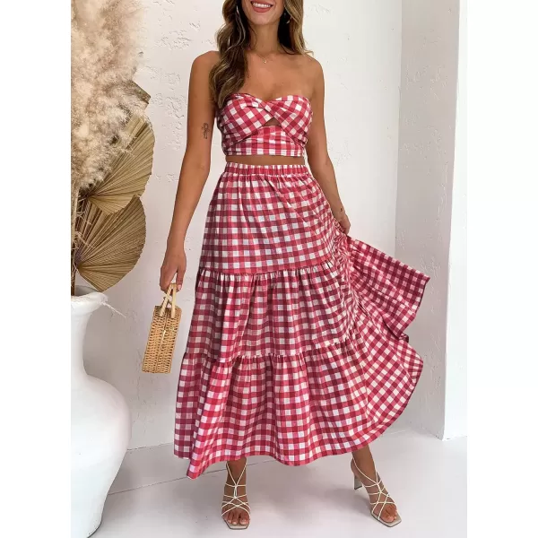 imageZESICA Womens 2024 Summer Plaid Flower Print Elastic High Waist Flowy A Line Maxi Skirt with PocketsRed