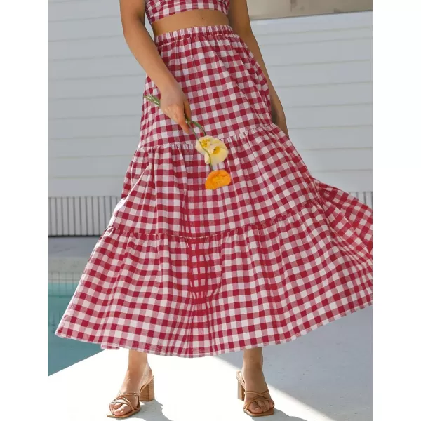imageZESICA Womens 2024 Summer Plaid Flower Print Elastic High Waist Flowy A Line Maxi Skirt with PocketsRed