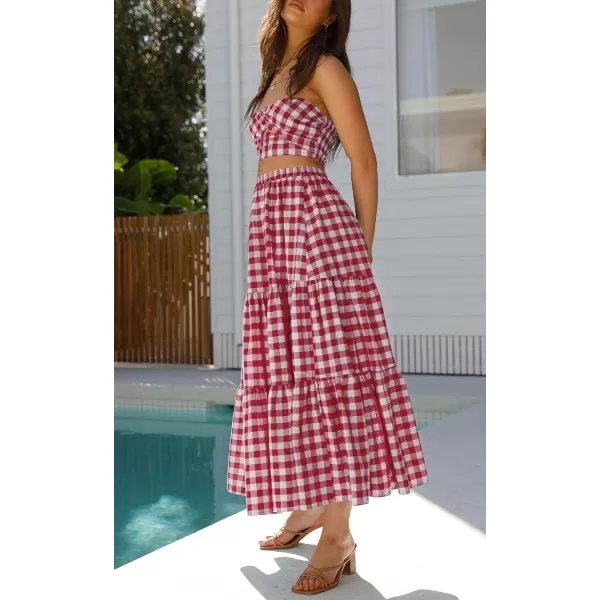 imageZESICA Womens 2024 Summer Plaid Flower Print Elastic High Waist Flowy A Line Maxi Skirt with PocketsRed