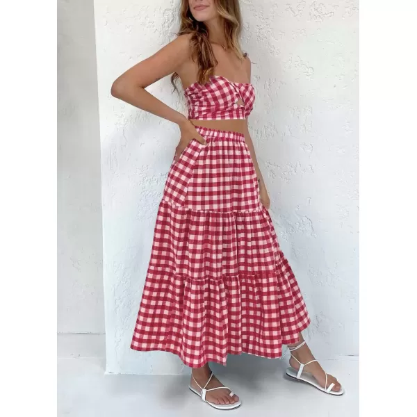imageZESICA Womens 2024 Summer Plaid Flower Print Elastic High Waist Flowy A Line Maxi Skirt with PocketsRed