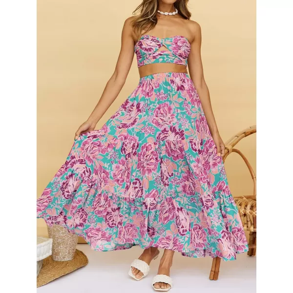 imageZESICA Womens 2024 Summer Plaid Flower Print Elastic High Waist Flowy A Line Maxi Skirt with PocketsRosepink