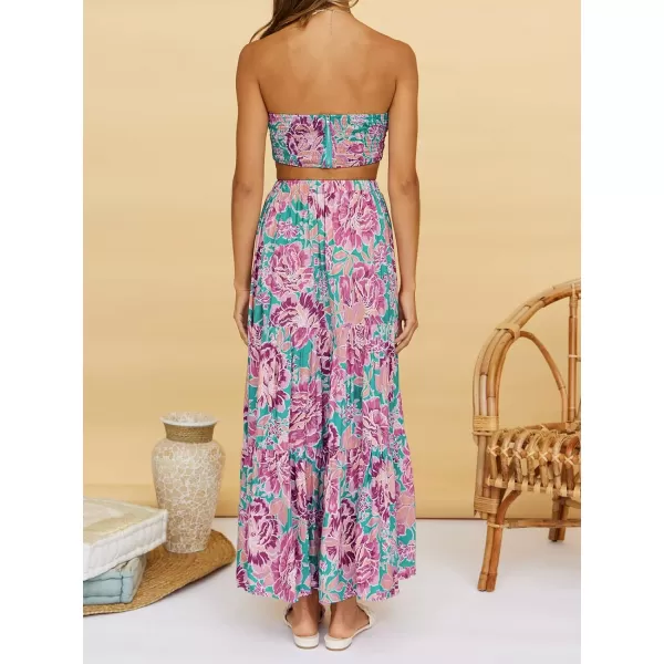 imageZESICA Womens 2024 Summer Plaid Flower Print Elastic High Waist Flowy A Line Maxi Skirt with PocketsRosepink
