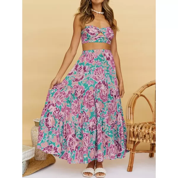 imageZESICA Womens 2024 Summer Plaid Flower Print Elastic High Waist Flowy A Line Maxi Skirt with PocketsRosepink