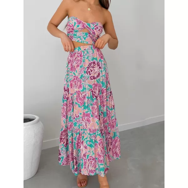 imageZESICA Womens 2024 Summer Plaid Flower Print Elastic High Waist Flowy A Line Maxi Skirt with PocketsRosepink