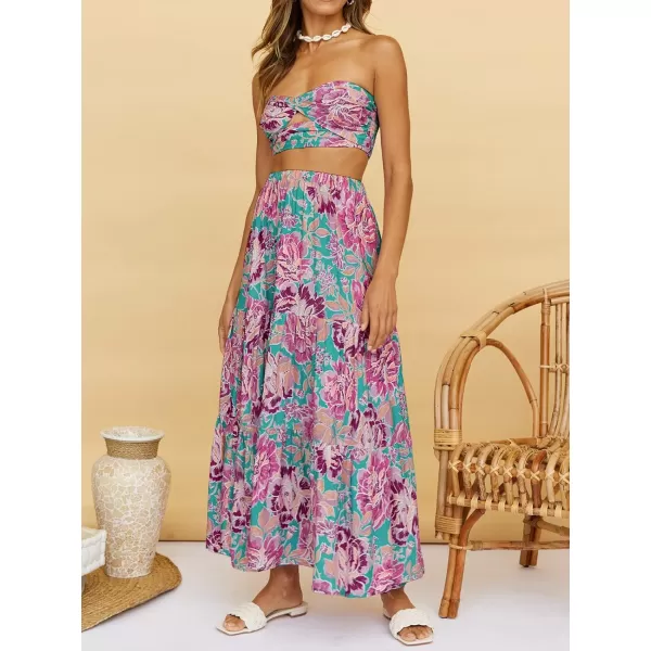 imageZESICA Womens 2024 Summer Plaid Flower Print Elastic High Waist Flowy A Line Maxi Skirt with PocketsRosepink