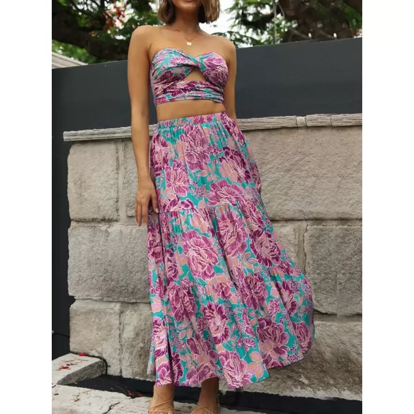 imageZESICA Womens 2024 Summer Plaid Flower Print Elastic High Waist Flowy A Line Maxi Skirt with PocketsRosepink
