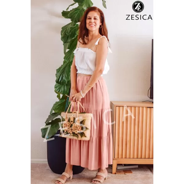 imageZESICA Womens 2024 Summer Plaid Flower Print Elastic High Waist Flowy A Line Maxi Skirt with PocketsSolidpink