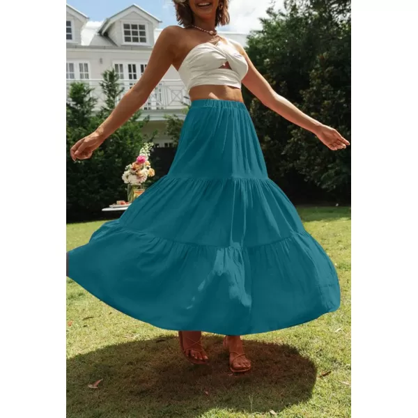 imageZESICA Womens 2024 Summer Plaid Flower Print Elastic High Waist Flowy A Line Maxi Skirt with PocketsTeal