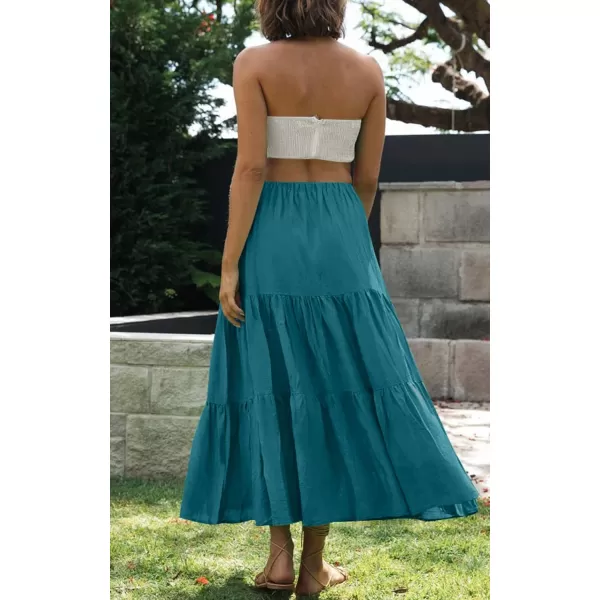 imageZESICA Womens 2024 Summer Plaid Flower Print Elastic High Waist Flowy A Line Maxi Skirt with PocketsTeal