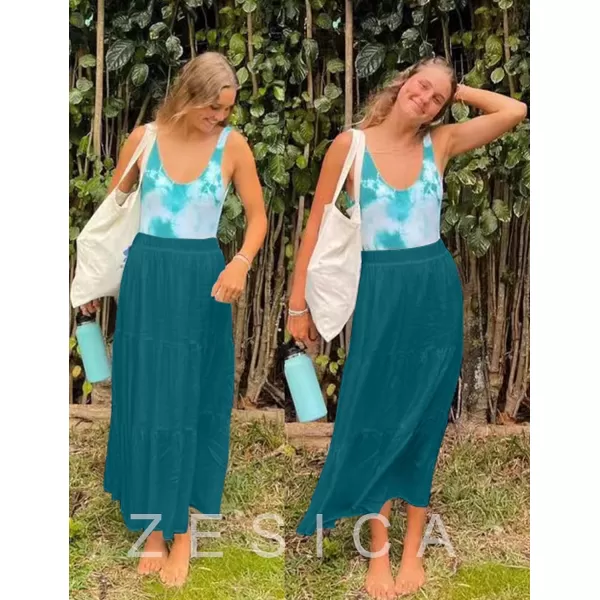 imageZESICA Womens 2024 Summer Plaid Flower Print Elastic High Waist Flowy A Line Maxi Skirt with PocketsTeal