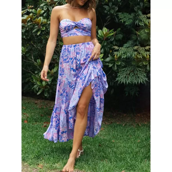 imageZESICA Womens 2024 Summer Plaid Flower Print Elastic High Waist Flowy A Line Maxi Skirt with PocketsViolet