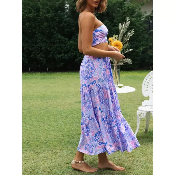 imageZESICA Womens 2024 Summer Plaid Flower Print Elastic High Waist Flowy A Line Maxi Skirt with PocketsViolet