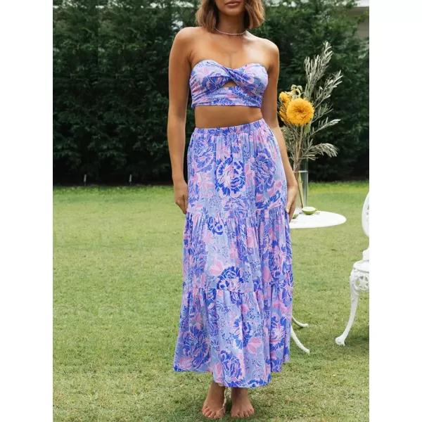 imageZESICA Womens 2024 Summer Plaid Flower Print Elastic High Waist Flowy A Line Maxi Skirt with PocketsViolet