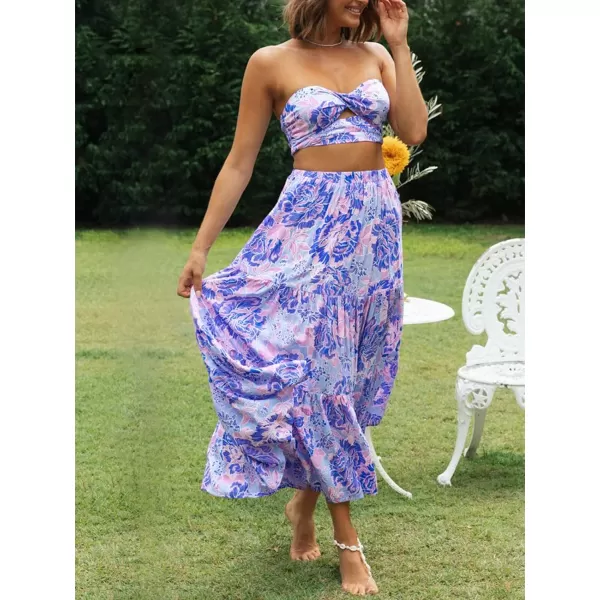 imageZESICA Womens 2024 Summer Plaid Flower Print Elastic High Waist Flowy A Line Maxi Skirt with PocketsViolet