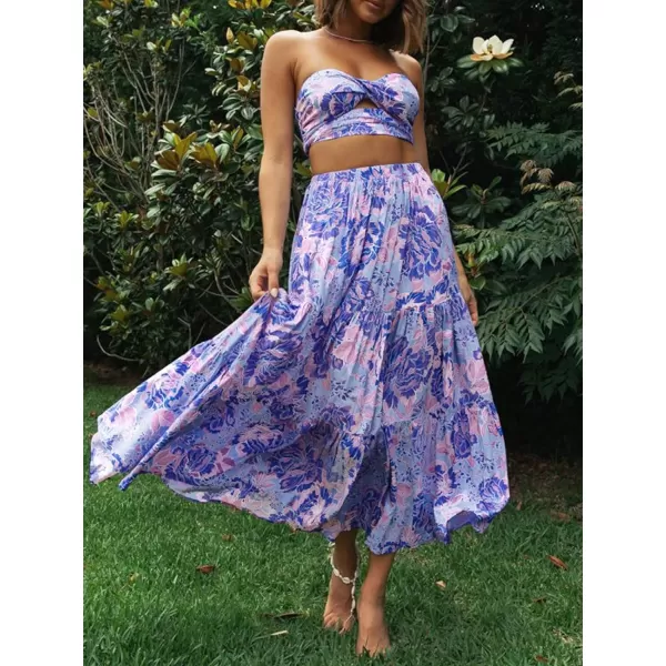 imageZESICA Womens 2024 Summer Plaid Flower Print Elastic High Waist Flowy A Line Maxi Skirt with PocketsViolet