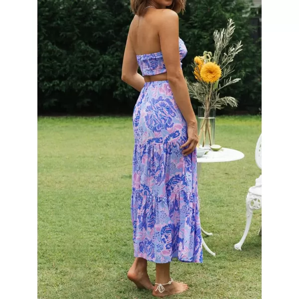 imageZESICA Womens 2024 Summer Plaid Flower Print Elastic High Waist Flowy A Line Maxi Skirt with PocketsViolet