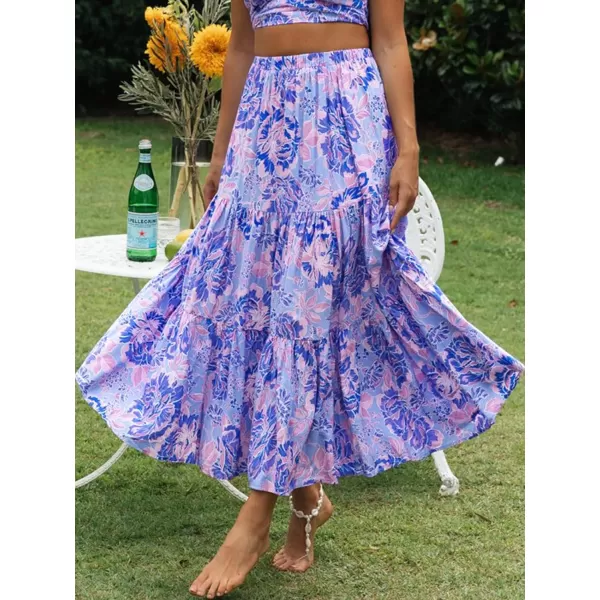 imageZESICA Womens 2024 Summer Plaid Flower Print Elastic High Waist Flowy A Line Maxi Skirt with PocketsViolet